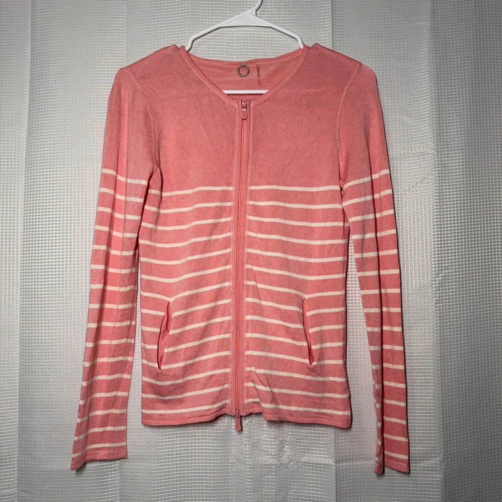 One Girl‎ Who Striped Zip Front Cardigan S Pink White Nautical Knit Sweater